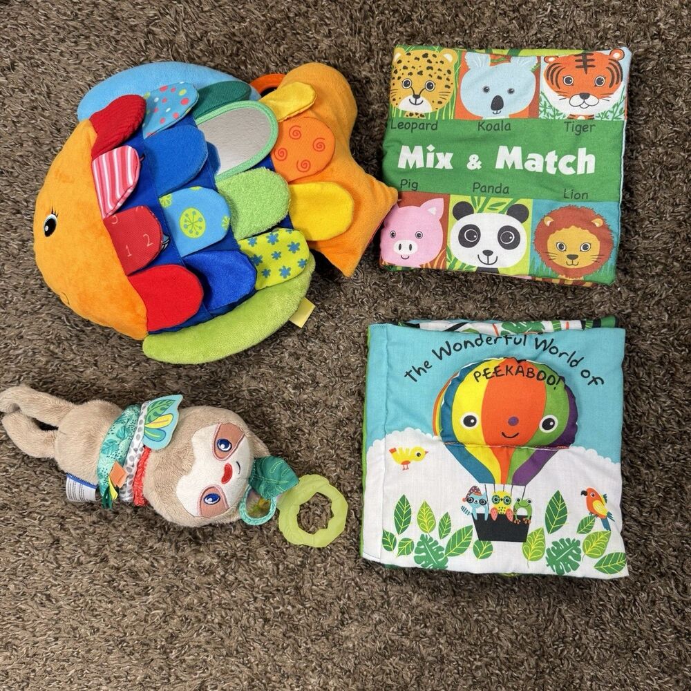 Lot of 4 Baby Toys – 2 Melissa & Doug Books, Fish + Infantino Sloth Plush